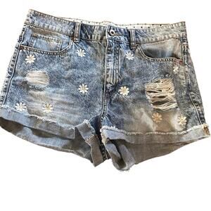 Forever 21 Premium Denim Daisy Embroidered Distressed Jean Shorts - Size 30